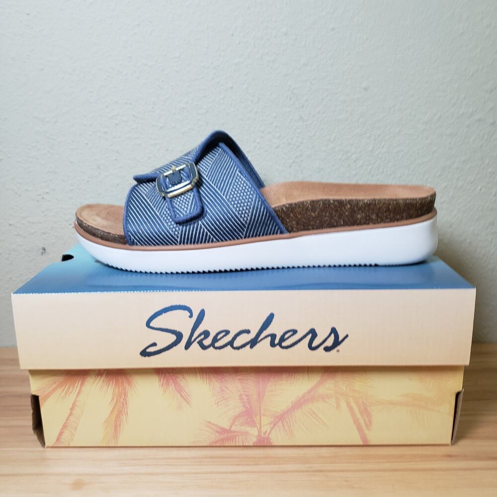 Skechers Women's Size 10 Restless Wave Relax Fit Comfort Slide‎ Sandals Navy NWT